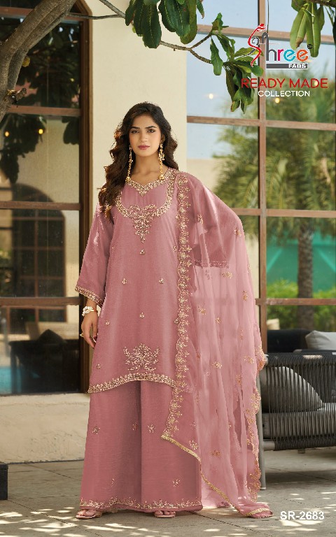 SHREE FABS R-2683 WHOLESALE READYMADE VISCOSE GLASS CHIFFON MINIMAL WORK DESIGN 3 PCS SUITS FOR EXPORT