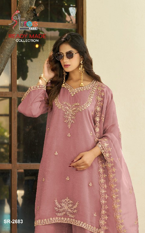 SHREE FABS R-2683 WHOLESALE READYMADE VISCOSE GLASS CHIFFON MINIMAL WORK DESIGN 3 PCS SUITS FOR EXPORT