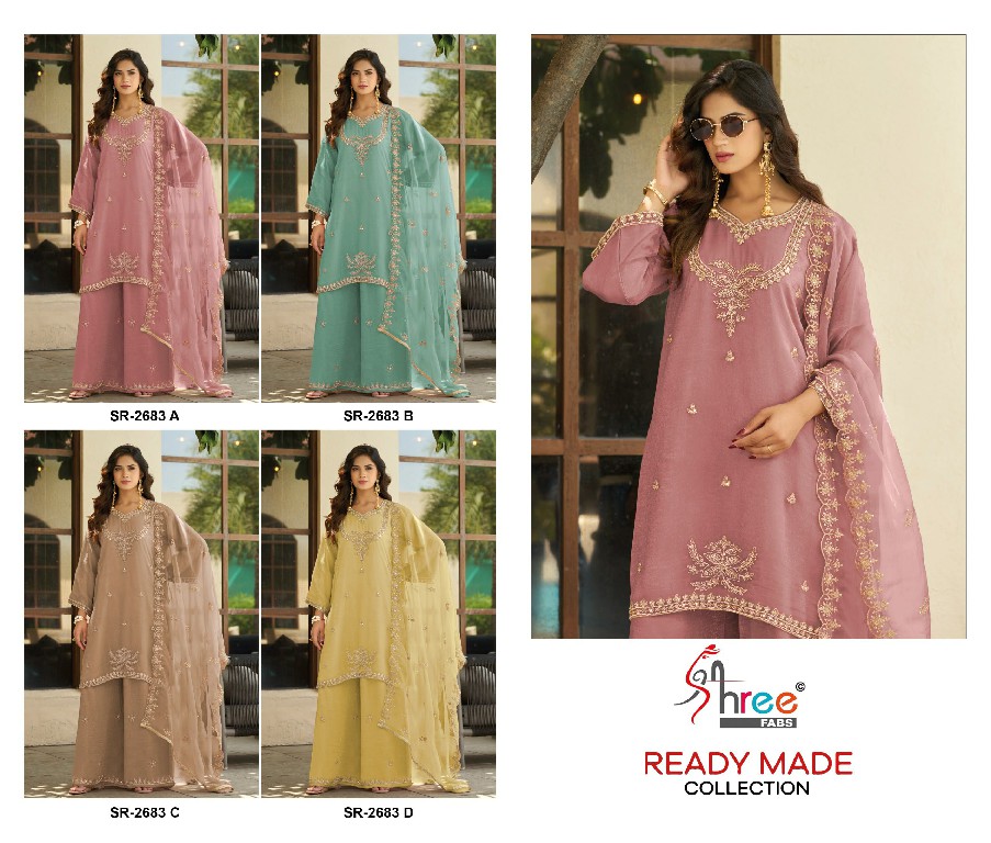 SHREE FABS R-2683 WHOLESALE READYMADE VISCOSE GLASS CHIFFON MINIMAL WORK DESIGN 3 PCS SUITS FOR EXPORT