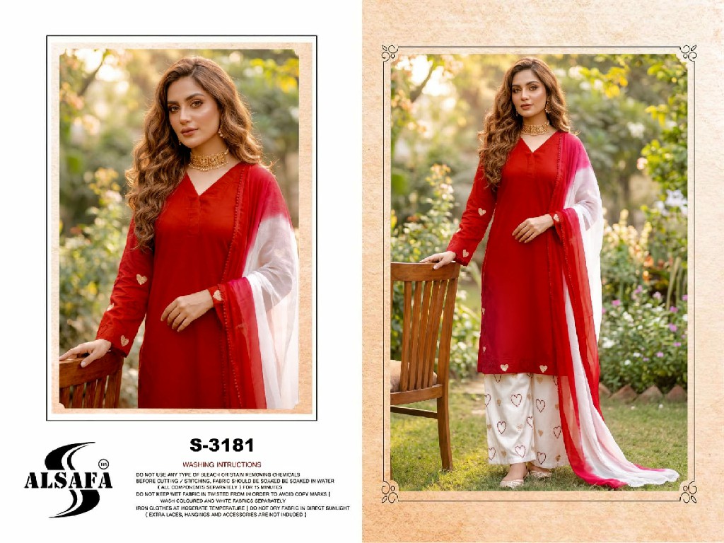 ALSAFA D.NO 3181 WHOLESALE READYMADE RAYON COTTON PAKISTANI CLASSY LOOK 3 PCS SUITS SUPPLIER