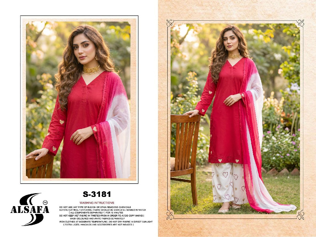 ALSAFA D.NO 3181 WHOLESALE READYMADE RAYON COTTON PAKISTANI CLASSY LOOK 3 PCS SUITS SUPPLIER