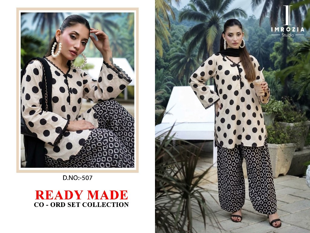 IMROZIA D.NO 507 WHOLESALE READYMADE IMPORTED SATIN POLKA DOT PRINT 3 PCS SUITS FOR EXPORT
