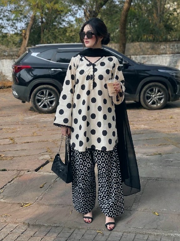 IMROZIA D.NO 507 WHOLESALE READYMADE IMPORTED SATIN POLKA DOT PRINT 3 PCS SUITS FOR EXPORT