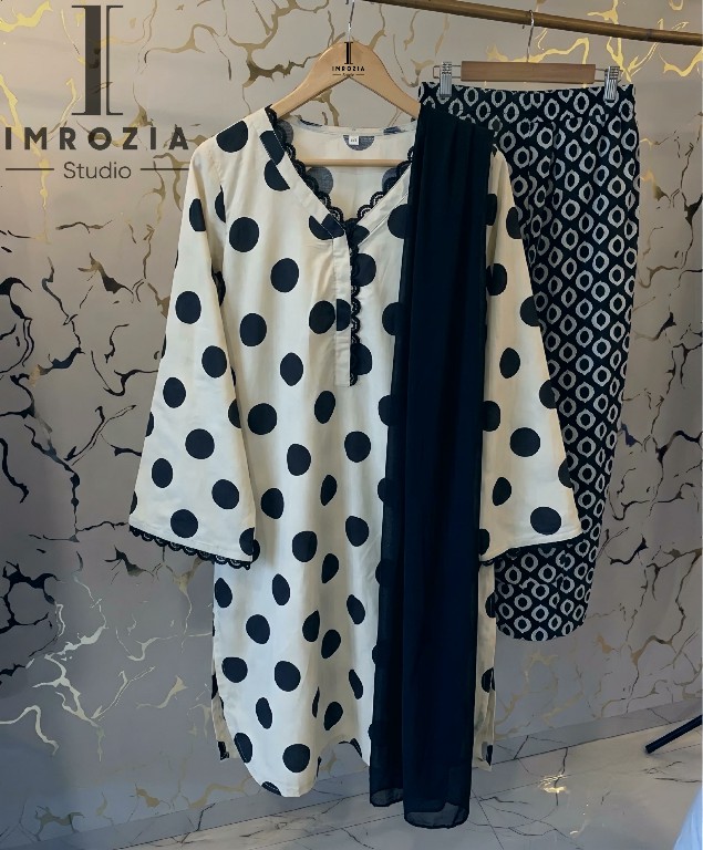 IMROZIA D.NO 507 WHOLESALE READYMADE IMPORTED SATIN POLKA DOT PRINT 3 PCS SUITS FOR EXPORT