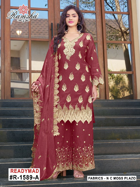 RAMSHA D.NO 1589 NX WHOLESALE READYMADE N C MOSS EMBROIDERY PLAZZO STYLE 3 PCS SUITS EXPORTER