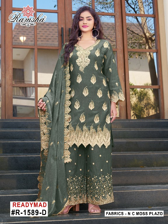 RAMSHA D.NO 1589 NX WHOLESALE READYMADE N C MOSS EMBROIDERY PLAZZO STYLE 3 PCS SUITS EXPORTER