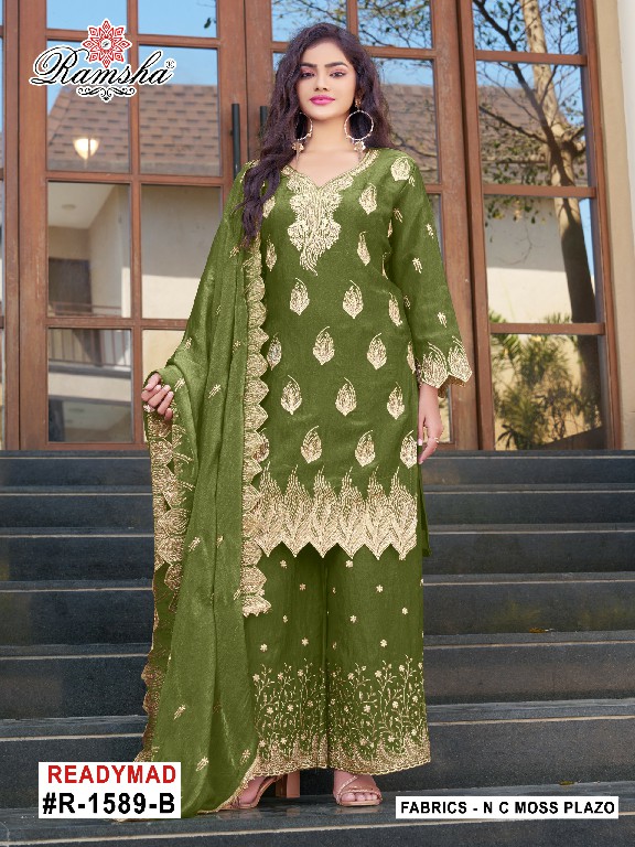 RAMSHA D.NO 1589 NX WHOLESALE READYMADE N C MOSS EMBROIDERY PLAZZO STYLE 3 PCS SUITS EXPORTER
