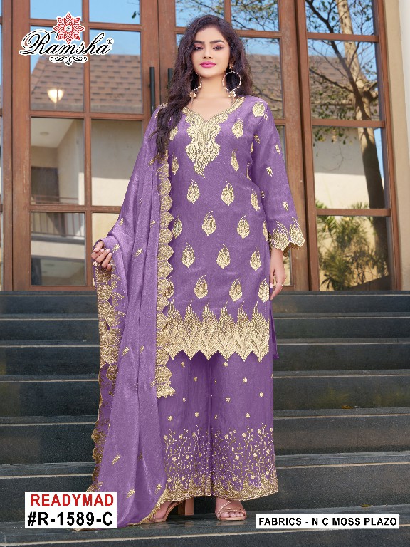 RAMSHA D.NO 1589 NX WHOLESALE READYMADE N C MOSS EMBROIDERY PLAZZO STYLE 3 PCS SUITS EXPORTER
