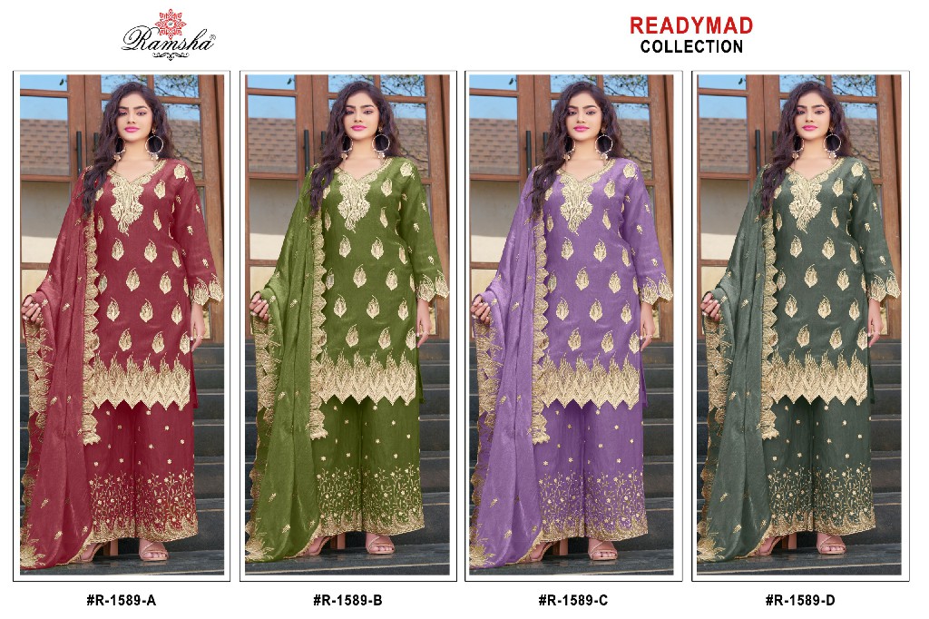 RAMSHA D.NO 1589 NX WHOLESALE READYMADE N C MOSS EMBROIDERY PLAZZO STYLE 3 PCS SUITS EXPORTER