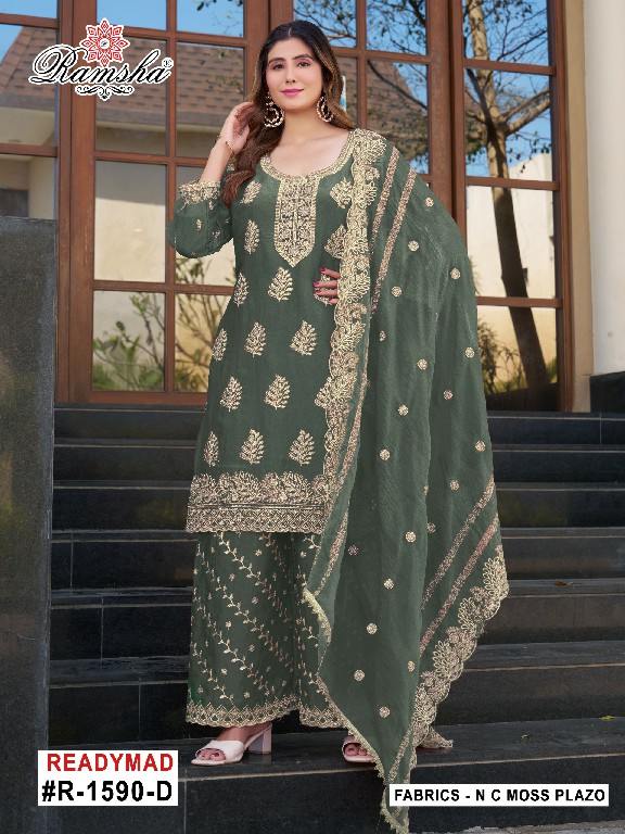 RAMSHA D.NO 1590 NX WHOLESALE READYMADE N C MOSS PAKISTANI PLAZZO STYLE 3 PCS SUITS SUPPLIER