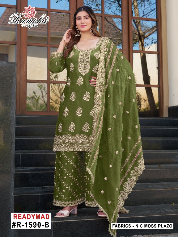 RAMSHA D.NO 1590 NX WHOLESALE READYMADE N C MOSS PAKISTANI PLAZZO STYLE 3 PCS SUITS SUPPLIER