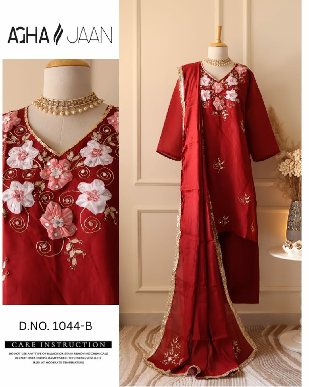 AGHA JAAN D.NO 1044 WHOLESALE READYMADE MUL CHANDERI WITH HAND WORK BEAUTIFUL 3 PCS SUITS EXPORTER
