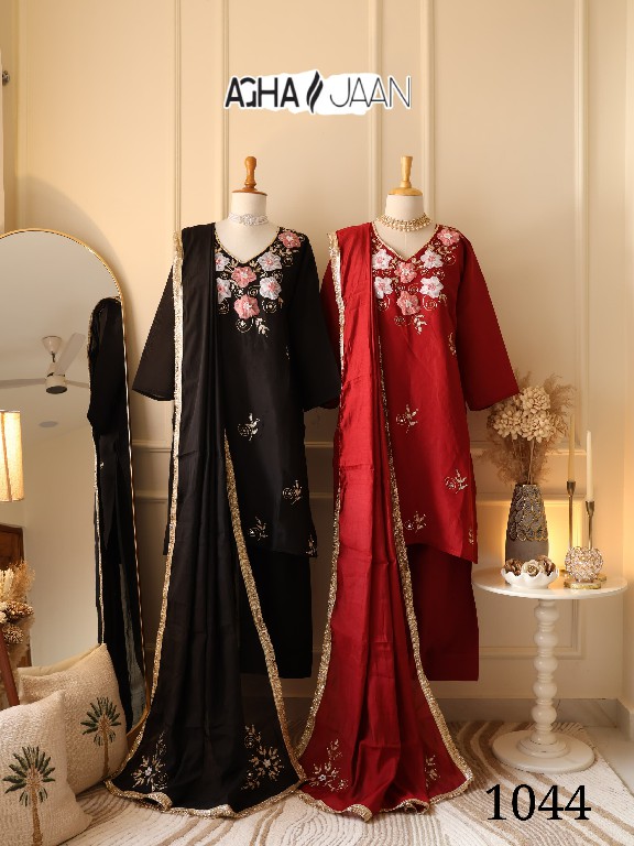 AGHA JAAN D.NO 1044 WHOLESALE READYMADE MUL CHANDERI WITH HAND WORK BEAUTIFUL 3 PCS SUITS EXPORTER