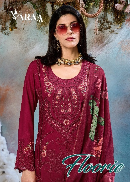 VARAA FAB FLOORIE WHOLESALE VISCOSE MUSLIN FANCY EMBROIDERED UNSTITCH SALWAR SUITS EXPORTER