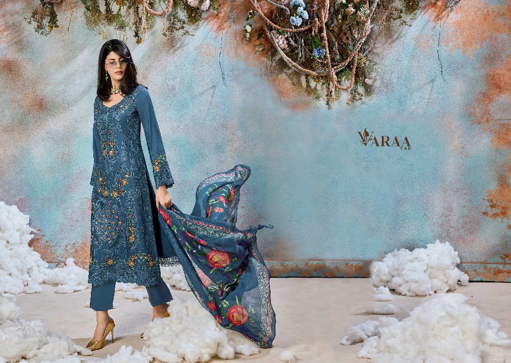 VARAA FAB FLOORIE WHOLESALE VISCOSE MUSLIN FANCY EMBROIDERED UNSTITCH SALWAR SUITS EXPORTER