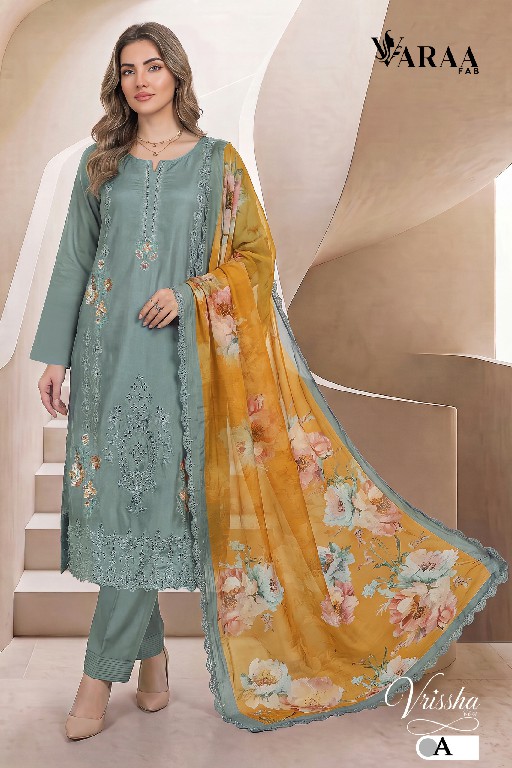 VARAA FAB VRISSHA VOL 1 WHOLESALE PURE BEMBERG MUSLIN BEAUTIFUL UNSTITCH SALWAR SUITS SUPPLIER