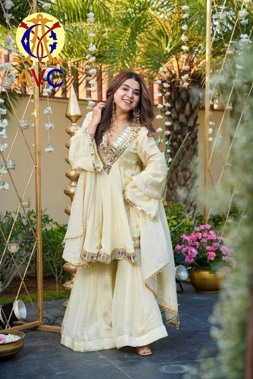 AMRUT VARSHA CREATION D.NO A25 WHOLESALE READYMADE CHINON ORIGINAL MIRROR WORK 3 PCS COMBO SET SUITS FOR EXPORT