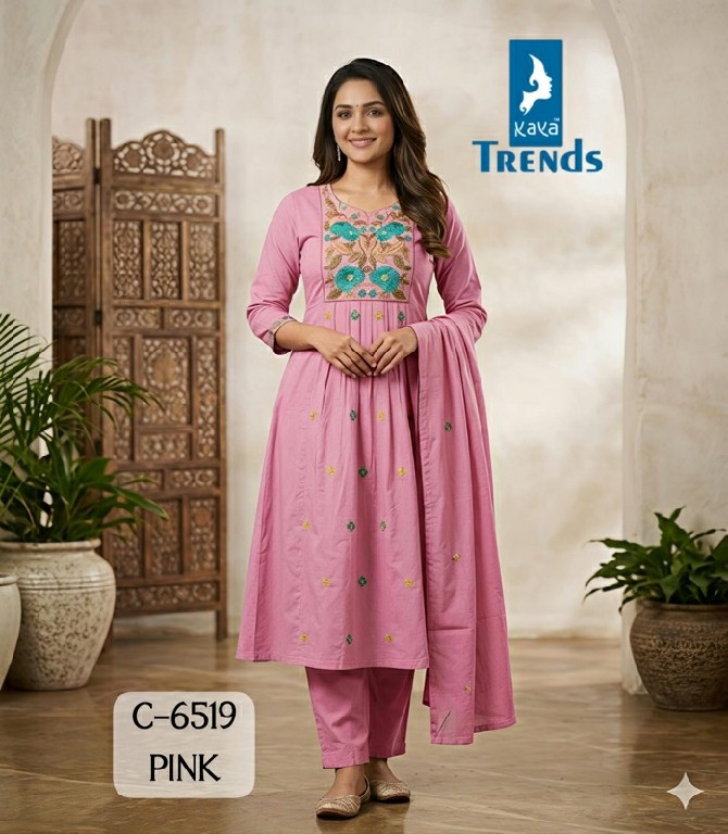KAYA D.NO 6519 WHOLESALE READYMADE MULL COTTON KASHMIRI WORK 3 PCS COMBO SET SUITS FOR EXPORT