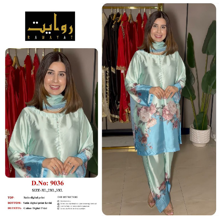 RAWAYAT D.NO 9036 TO 9044 WHOLESALE READYMADE SATIN DIGITAL PRINTED FARSHI SALWAR STYLE 3 PCS SUITS EXPORTER