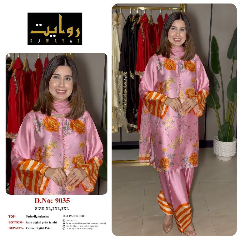 RAWAYAT D.NO 9036 TO 9044 WHOLESALE READYMADE SATIN DIGITAL PRINTED FARSHI SALWAR STYLE 3 PCS SUITS EXPORTER