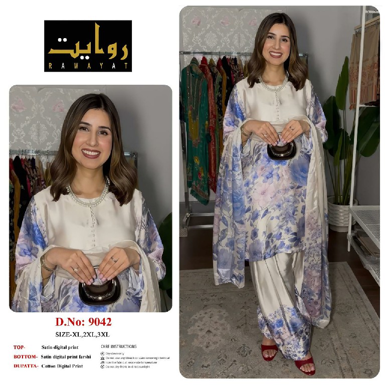 RAWAYAT D.NO 9036 TO 9044 WHOLESALE READYMADE SATIN DIGITAL PRINTED FARSHI SALWAR STYLE 3 PCS SUITS EXPORTER