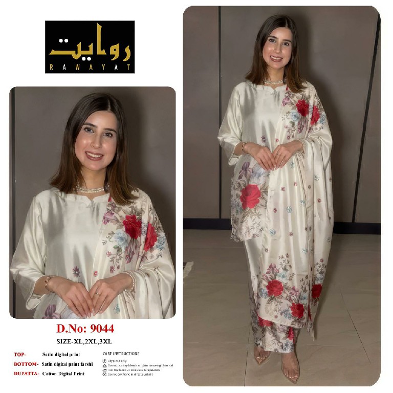 RAWAYAT D.NO 9036 TO 9044 WHOLESALE READYMADE SATIN DIGITAL PRINTED FARSHI SALWAR STYLE 3 PCS SUITS EXPORTER