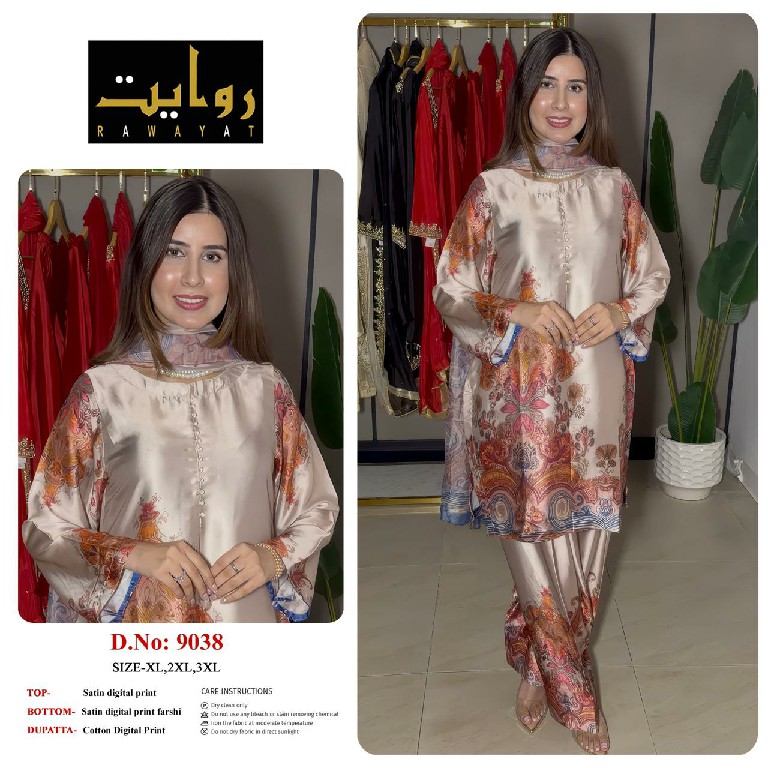 RAWAYAT D.NO 9036 TO 9044 WHOLESALE READYMADE SATIN DIGITAL PRINTED FARSHI SALWAR STYLE 3 PCS SUITS EXPORTER