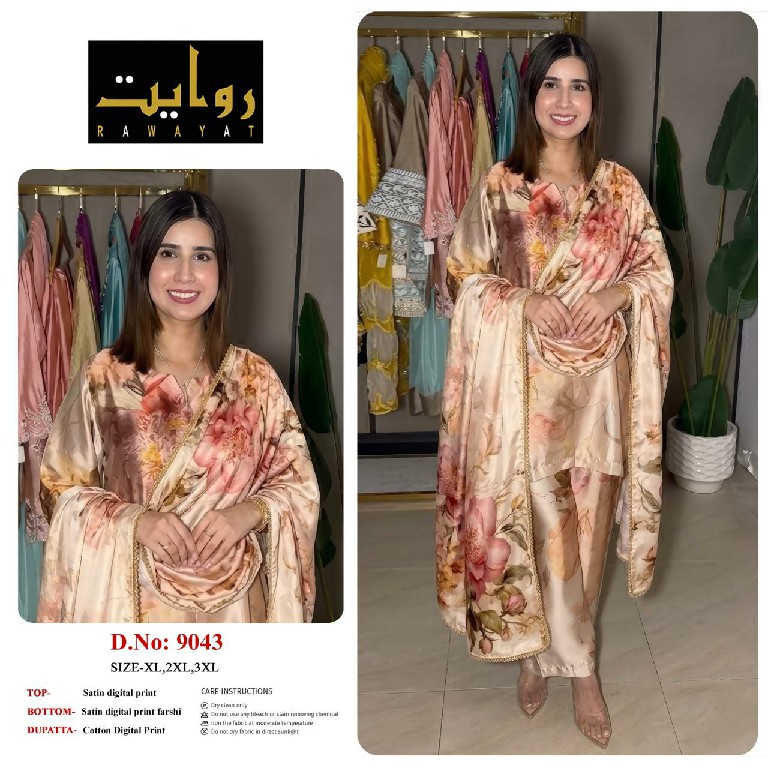 RAWAYAT D.NO 9036 TO 9044 WHOLESALE READYMADE SATIN DIGITAL PRINTED FARSHI SALWAR STYLE 3 PCS SUITS EXPORTER