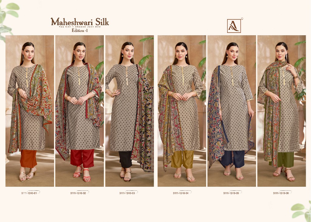 ALOK SUIT MAHESWARI SILK WHOLESALE VISCOSE SILK WITH FANCY WORK UNSTITCH SALWAR SUITS SUPPLIER