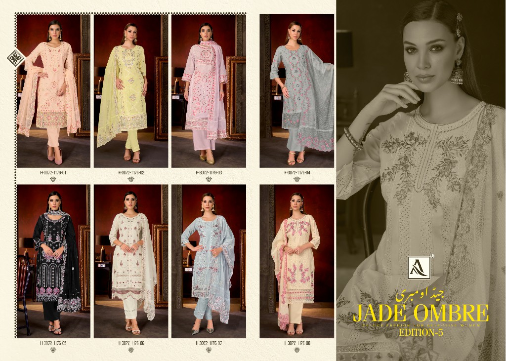ALOK SUIT JADE OMBRE VOL 5 WHOLESALE CAMBRIC LAWN PAKISTANI UNSTITCH SALWAR SUITS EXPORTER