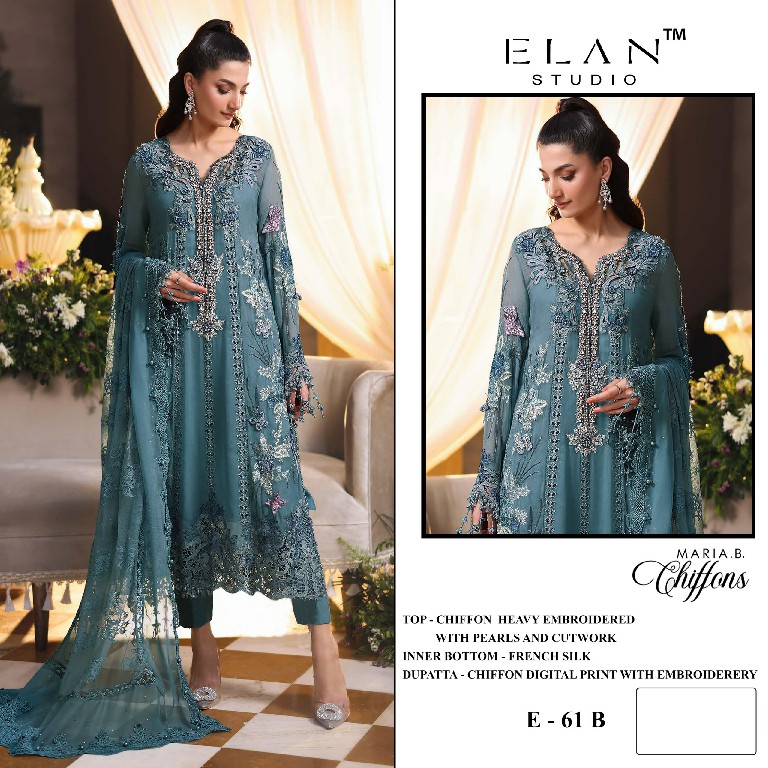 ELAN STUDIO D.NO E-61 WHOLESALE CHIFFON PAKISTANI HIT DESIGN UNSTITCH SALWAR SUITS SUPPLIER