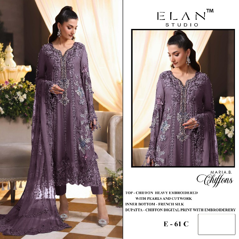 ELAN STUDIO D.NO E-61 WHOLESALE CHIFFON PAKISTANI HIT DESIGN UNSTITCH SALWAR SUITS SUPPLIER