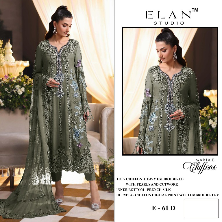 ELAN STUDIO D.NO E-61 WHOLESALE CHIFFON PAKISTANI HIT DESIGN UNSTITCH SALWAR SUITS SUPPLIER