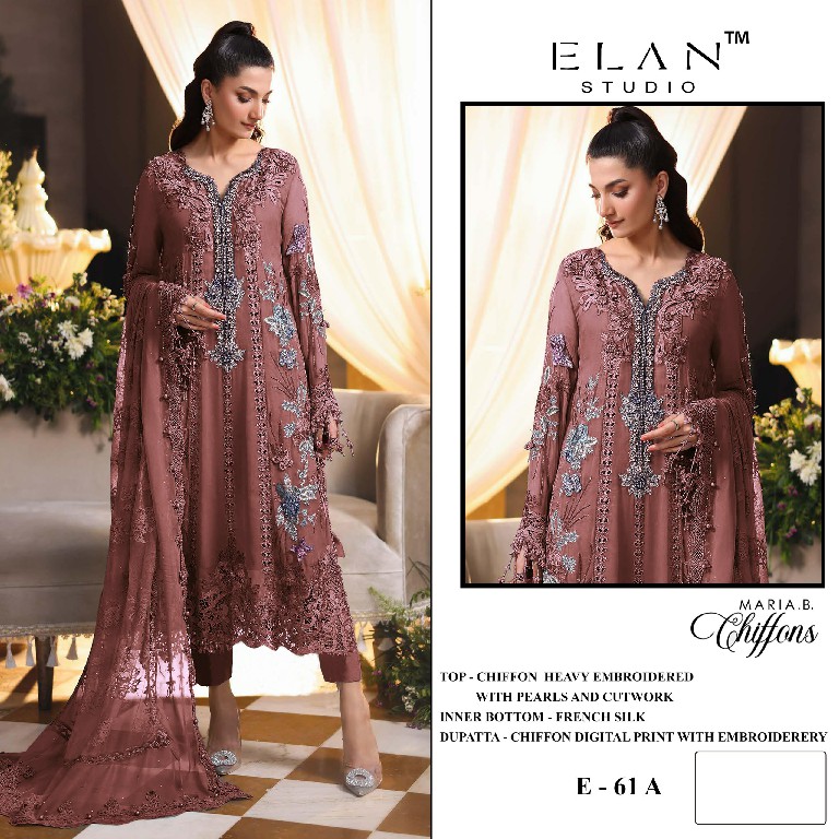 ELAN STUDIO D.NO E-61 WHOLESALE CHIFFON PAKISTANI HIT DESIGN UNSTITCH SALWAR SUITS SUPPLIER