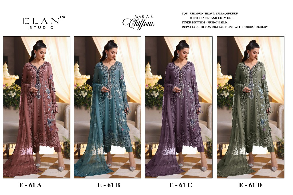 ELAN STUDIO D.NO E-61 WHOLESALE CHIFFON PAKISTANI HIT DESIGN UNSTITCH SALWAR SUITS SUPPLIER