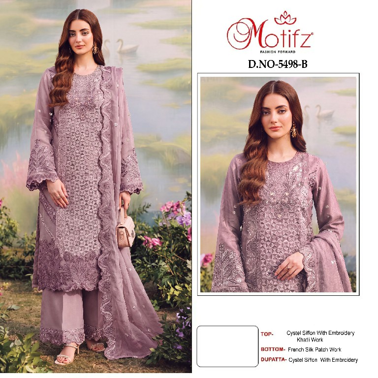 MOTIFZ D.NO 5498 WHOLESALE CRISTAL CHIFFON PAKISTANI UNSTITCH SALWAR SUITS EXPORTER