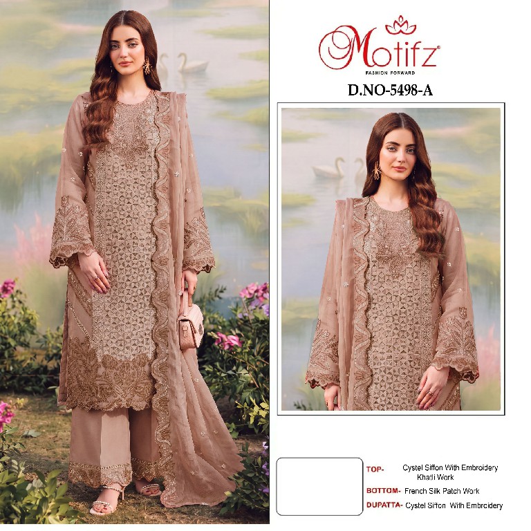 MOTIFZ D.NO 5498 WHOLESALE CRISTAL CHIFFON PAKISTANI UNSTITCH SALWAR SUITS EXPORTER