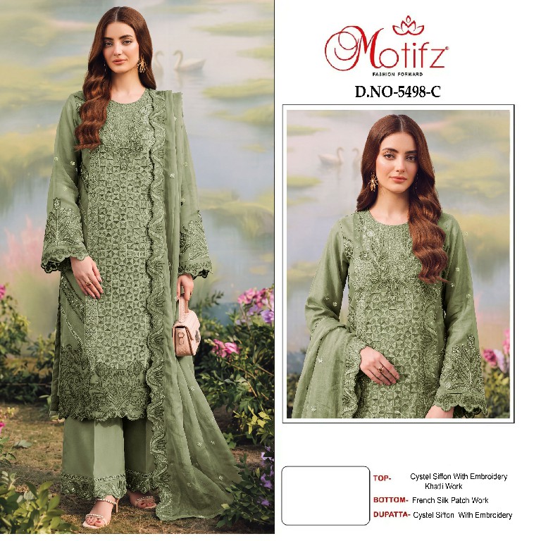 MOTIFZ D.NO 5498 WHOLESALE CRISTAL CHIFFON PAKISTANI UNSTITCH SALWAR SUITS EXPORTER