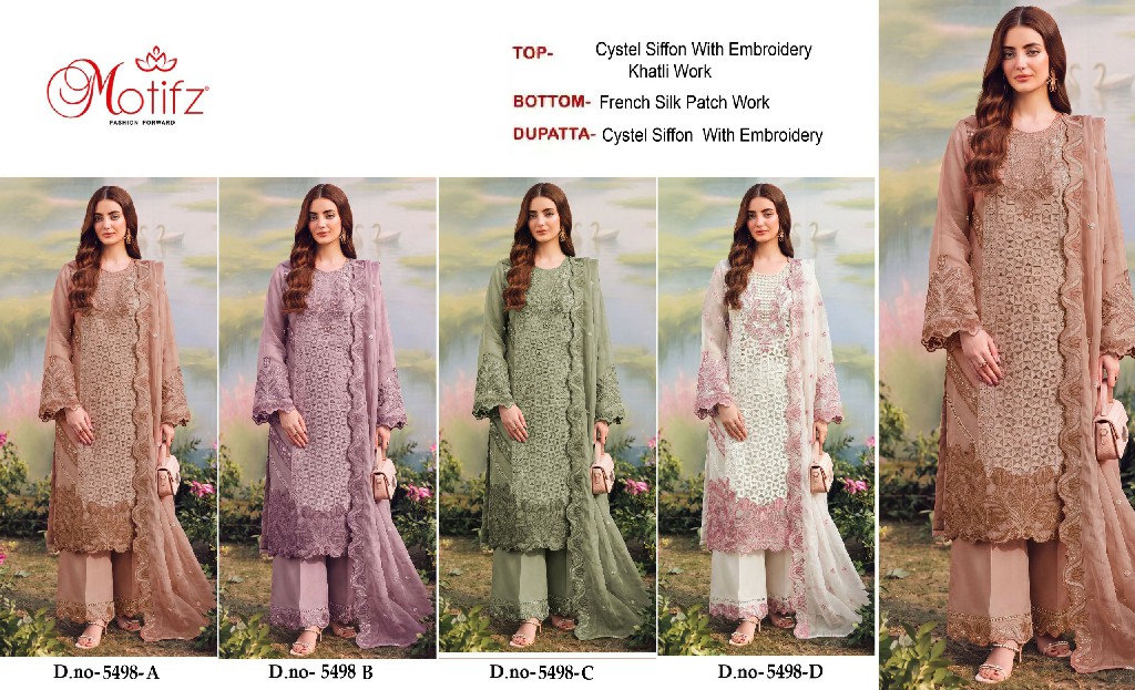 MOTIFZ D.NO 5498 WHOLESALE CRISTAL CHIFFON PAKISTANI UNSTITCH SALWAR SUITS EXPORTER