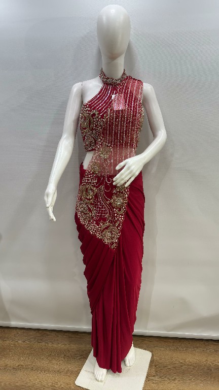 AMOHA D.NO 102457 WHOLESALE IMPORTED LYCRA READY TO WEAR DESIGNER SAREES FOR WOMEN EXPORTER