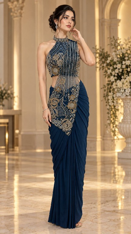 AMOHA D.NO 102457 WHOLESALE IMPORTED LYCRA READY TO WEAR DESIGNER SAREES FOR WOMEN EXPORTER