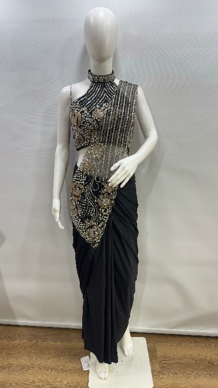 AMOHA D.NO 102457 WHOLESALE IMPORTED LYCRA READY TO WEAR DESIGNER SAREES FOR WOMEN EXPORTER