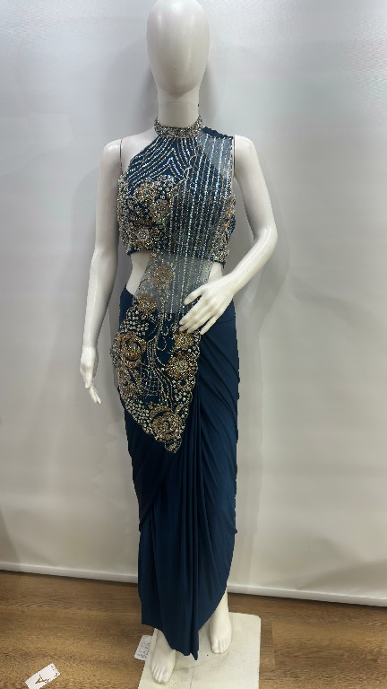 AMOHA D.NO 102457 WHOLESALE IMPORTED LYCRA READY TO WEAR DESIGNER SAREES FOR WOMEN EXPORTER