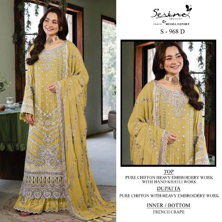 SERINE D.NO 968 WHOLESALE CRYSTAL CHIFFON HEAVY WORK UNSTITCH SALWAR SUITS FOR EXPORT