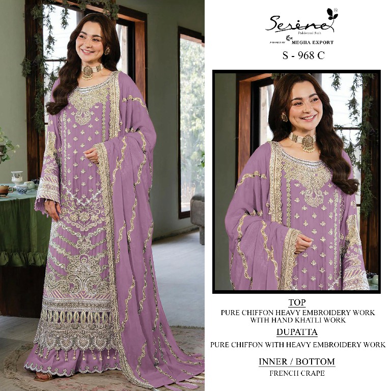 SERINE D.NO 968 WHOLESALE CRYSTAL CHIFFON HEAVY WORK UNSTITCH SALWAR SUITS FOR EXPORT