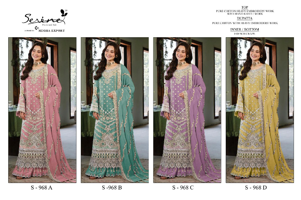 SERINE D.NO 968 WHOLESALE CRYSTAL CHIFFON HEAVY WORK UNSTITCH SALWAR SUITS FOR EXPORT