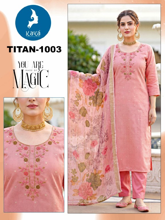 KAYA TITAN WHOLESALE READYMADE SHIMMER JACQUARD BIG SIZE FANCY 3 PCS SUITS EXPORTER