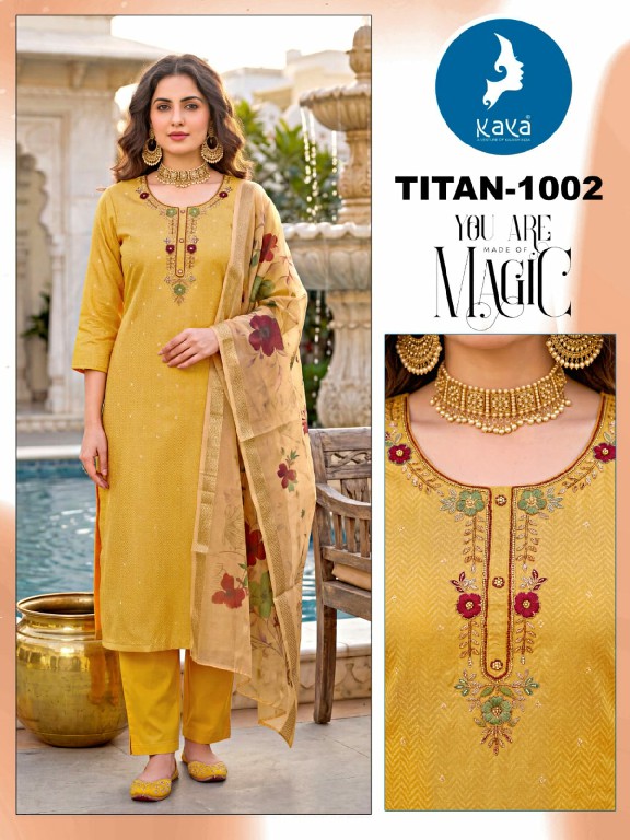 KAYA TITAN WHOLESALE READYMADE SHIMMER JACQUARD BIG SIZE FANCY 3 PCS SUITS EXPORTER