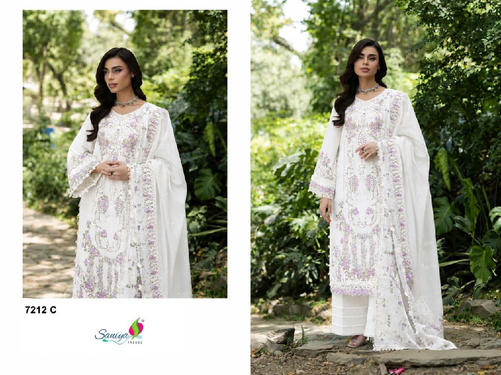 SANIYA TRENDZ D.NO 7212 WHOLESALE COTTON CHIKANKARI WORK FULLY STITCHED 3 PCS SUITS EXPORTER