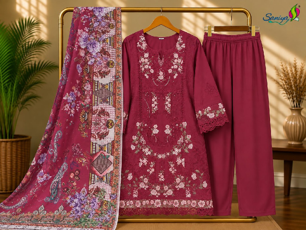 SANIYA TRENDZ D.NO 7212 WHOLESALE COTTON CHIKANKARI WORK FULLY STITCHED 3 PCS SUITS EXPORTER